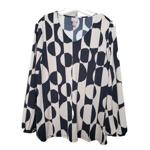 Chico's Black/Tan Lines & Circles Print V-Neck Stretchy Blouse Size 2 Large